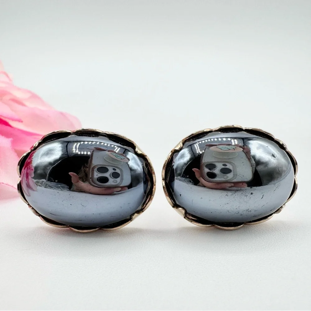 Vintage Hematite-Style Oval Cabochon Scalloped Bezel Men’s Cufflinks Oversized